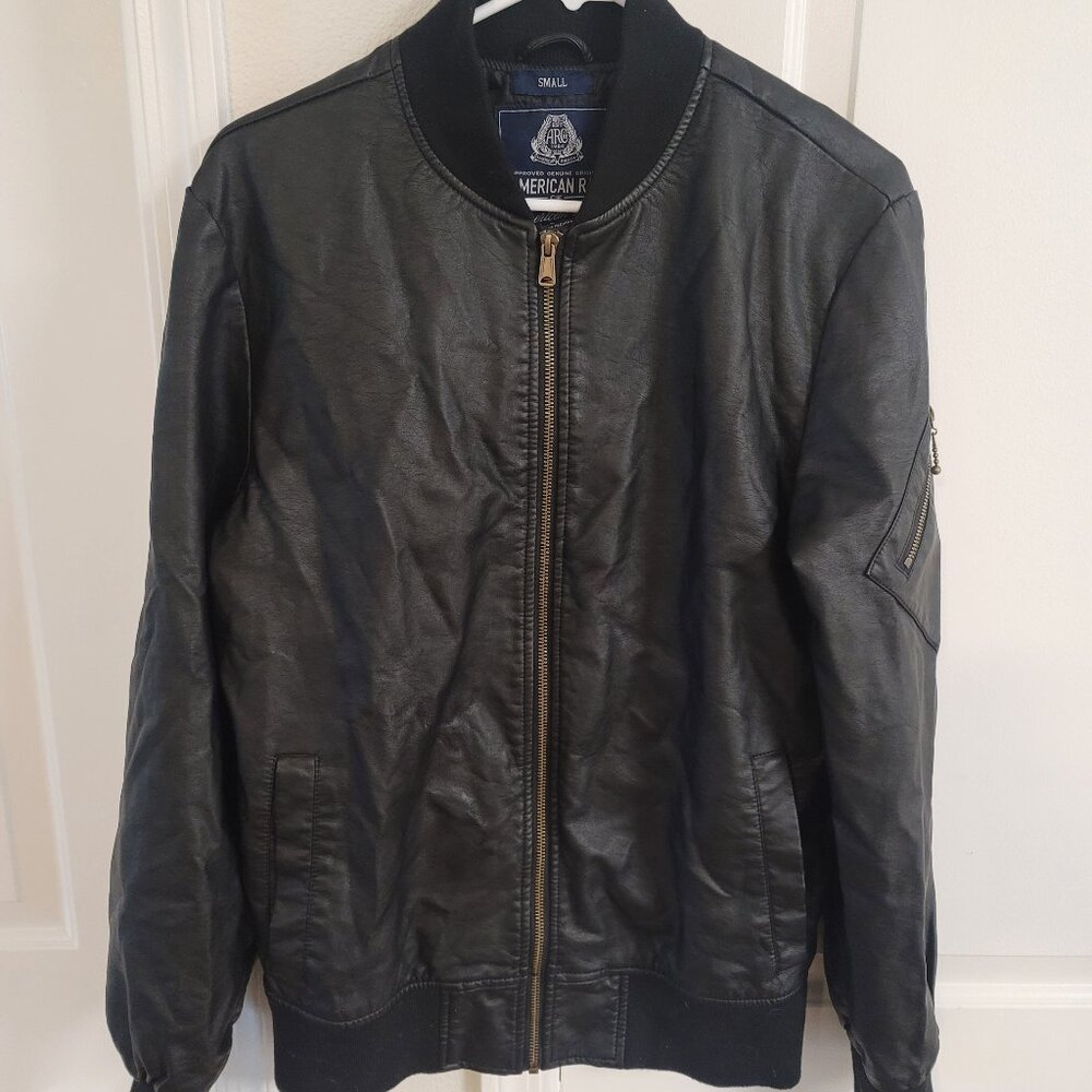 American Rag Deep Black Faux Leather Bomber Size Small Gold Zipper New W/ Tags